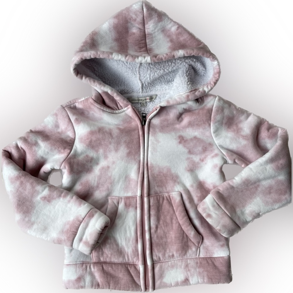 Girls Pink Marbled Sherpa-like Lined Hoodie Jacket Size 7 8